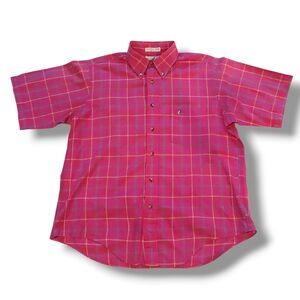 Vintage Flying Scotsman Plaid Button Down Shirt-Large-Pocket-Short Sleeve-Pink